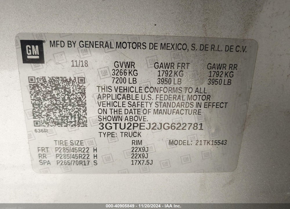2018 GMC SIERRA VIN: 3GTU2PEJ2JG622781