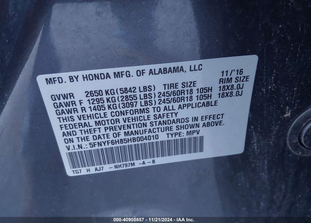 2017 HONDA PILOT EX-L VIN: 5FNYF6H85HB004010