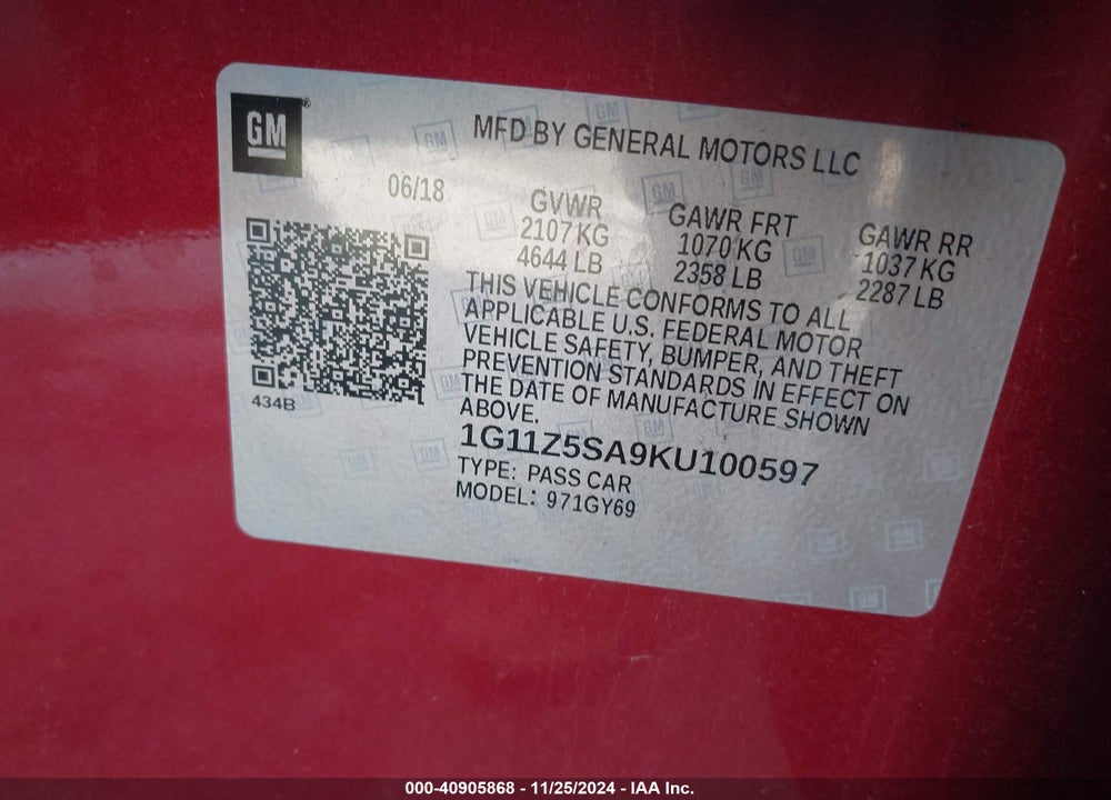 2019 CHEVROLET IMPALA LT VIN: 1G11Z5SA9KU100597