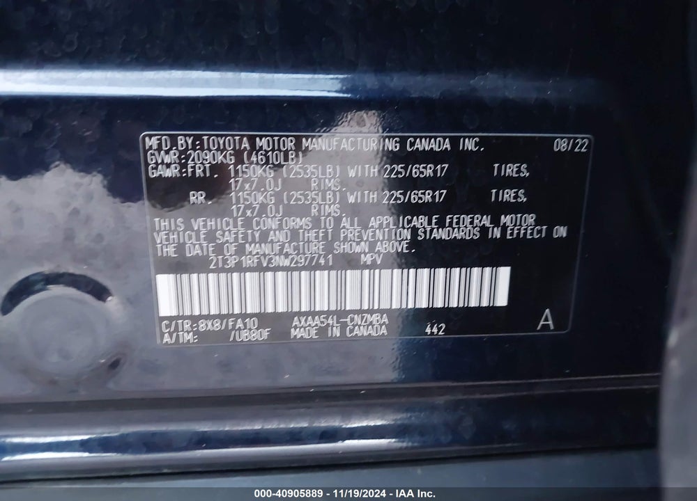 2022 TOYOTA RAV4 XLE VIN: 2T3P1RFV3NW297741
