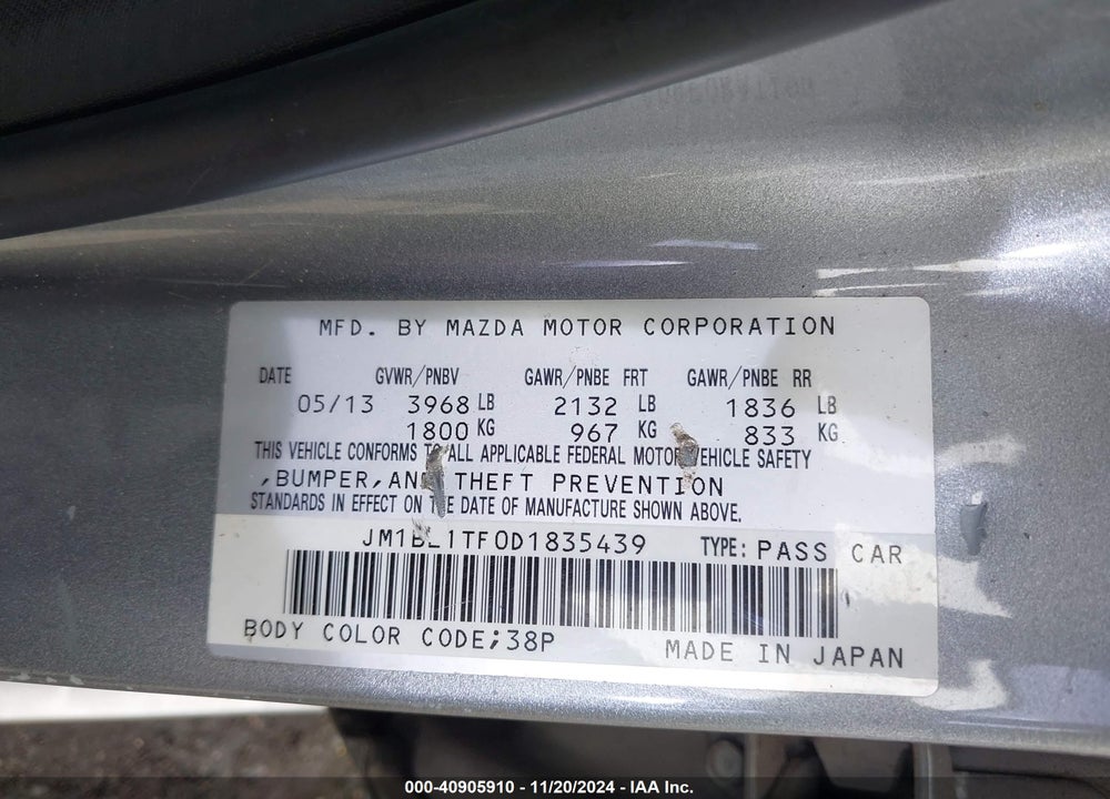 2013 MAZDA 3 I SV VIN: JM1BL1TF0D1835439