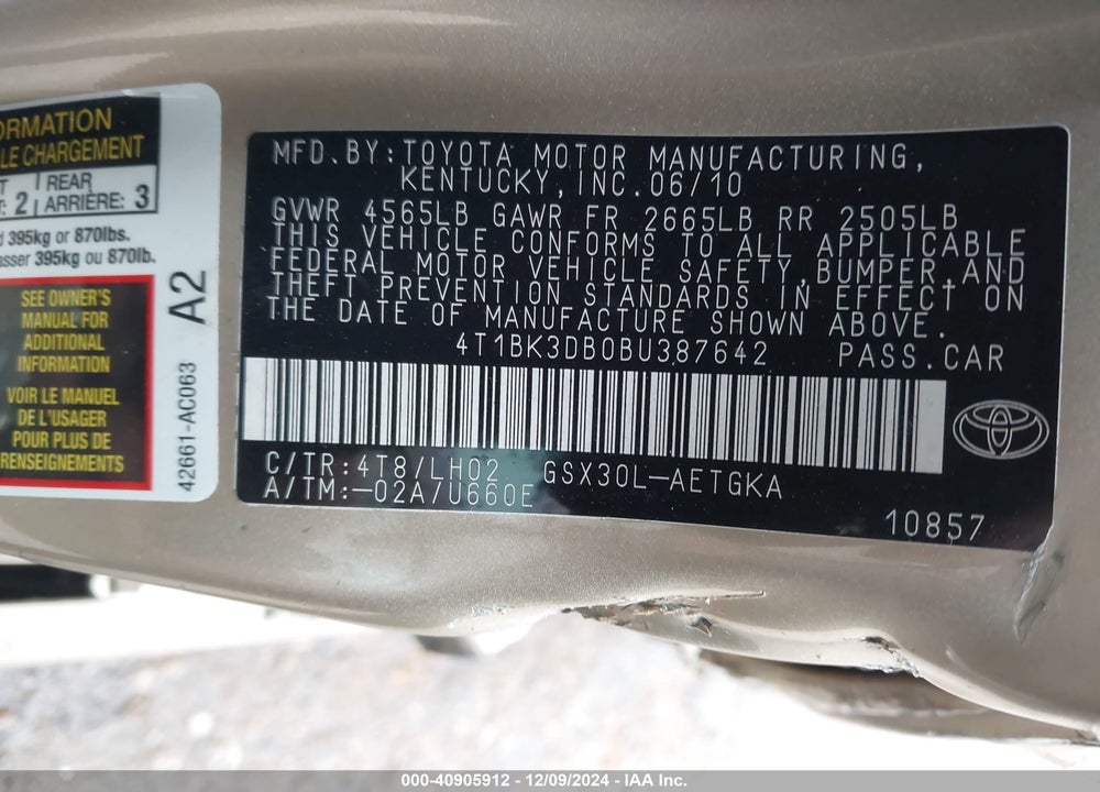 2011 TOYOTA AVALON VIN: 4T1BK3DB0BU387642