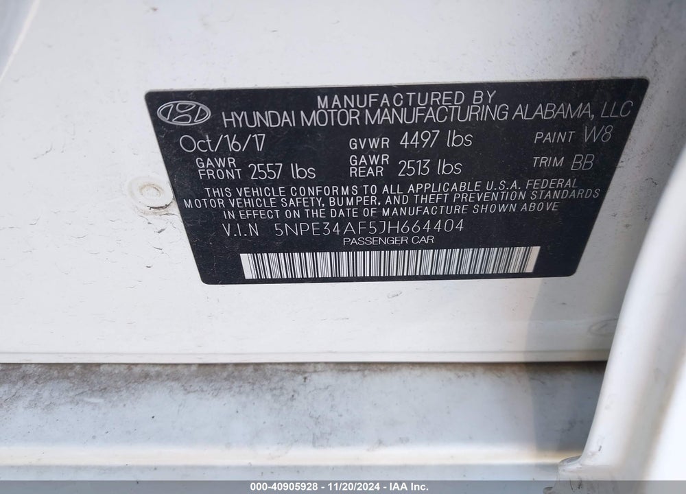 2018 HYUNDAI SONATA VIN: 5NPE34AF5JH664404