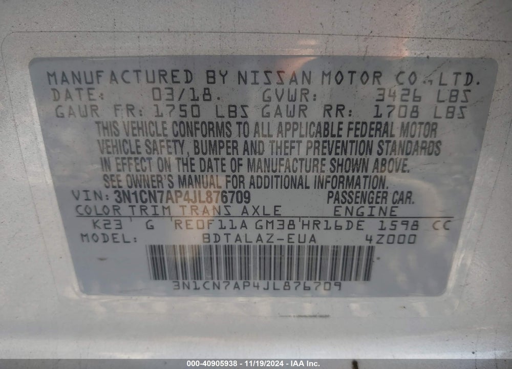 2018 NISSAN VERSA VIN: 3N1CN7AP4JL876709