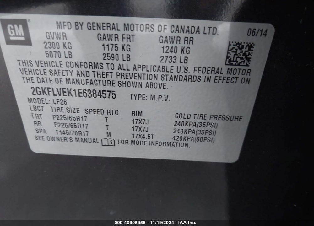 2014 GMC TERRAIN SLE-1 VIN: 2GKFLVEK1E6384575