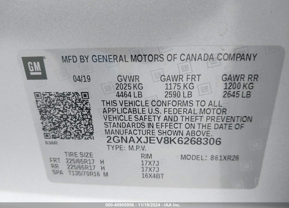 2019 CHEVROLET EQUINOX LT VIN: 2GNAXJEV8K6268306