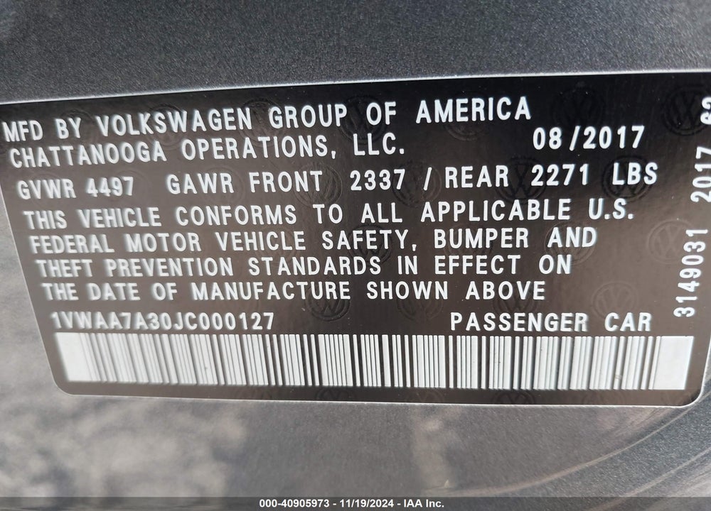 2018 VOLKSWAGEN PASSAT 2.0T R-LINE/2.0T S VIN: 1VWAA7A30JC000127