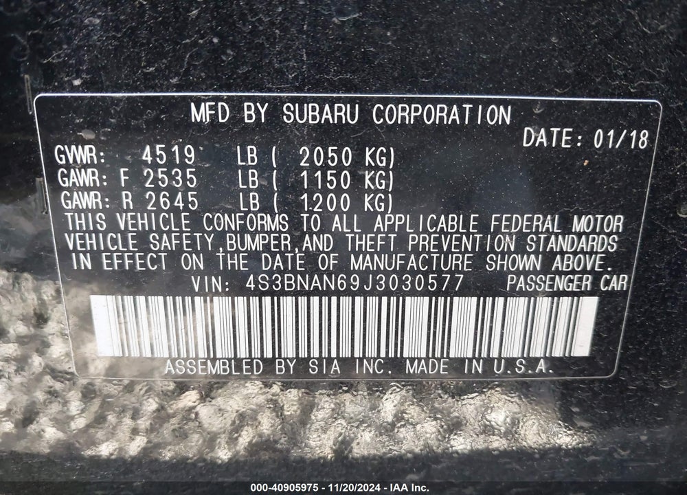 2018 SUBARU LEGACY VIN: 4S3BNAN69J3030577
