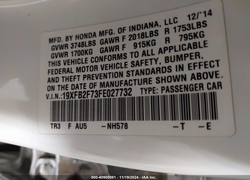 2015 HONDA CIVIC SE VIN: 19XFB2F73FE027732