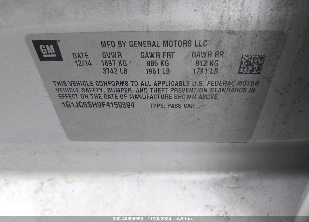 2015 CHEVROLET SONIC LT AUTO VIN: 1G1JC5SH9F4159394