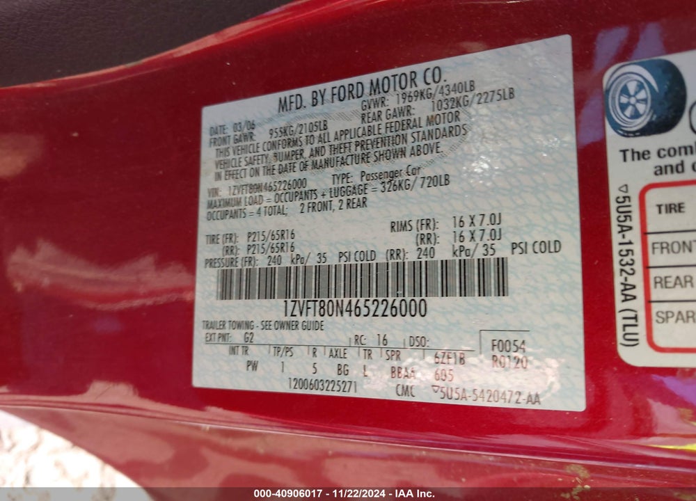 2006 FORD MUSTANG V6 VIN: 1ZVFT80N465226000