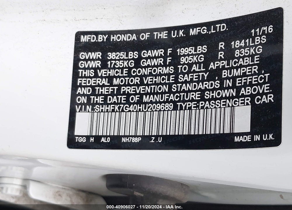 2017 HONDA CIVIC VIN: SHHFK7G40HU209689