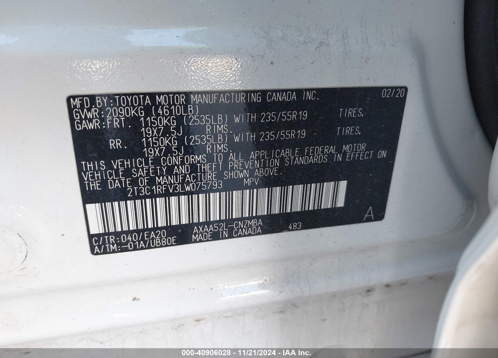 2020 TOYOTA RAV4 XLE PREMIUM VIN: 2T3C1RFV3LW075793