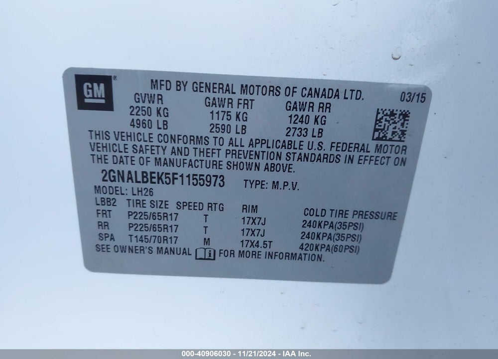 2015 CHEVROLET EQUINOX 1LT VIN: 2GNALBEK5F1155973