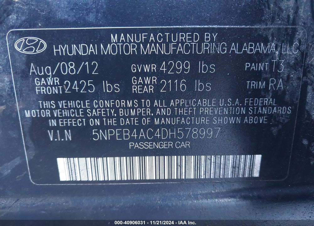 2013 HYUNDAI SONATA GLS VIN: 5NPEB4AC4DH578997