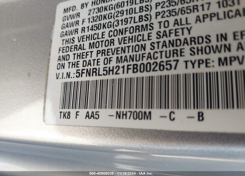 2015 HONDA ODYSSEY LX VIN: 5FNRL5H21FB002657