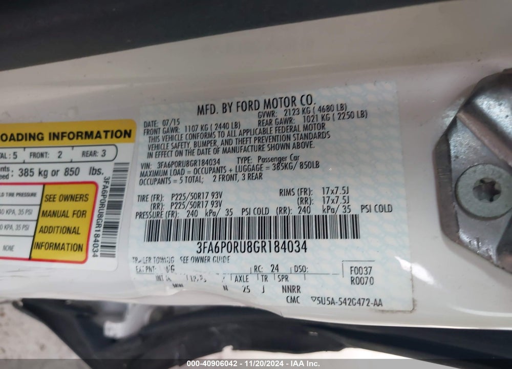 2016 FORD FUSION HYBRID TITANIUM VIN: 3FA6P0RU8GR184034