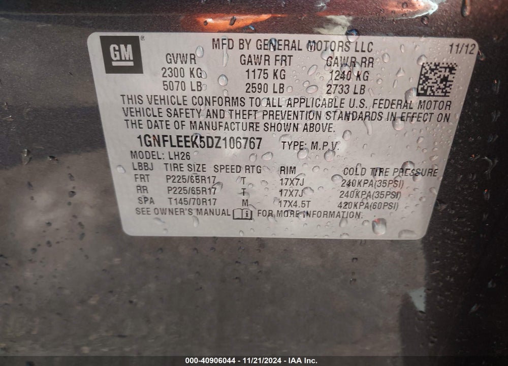 2013 CHEVROLET EQUINOX 1LT VIN: 1GNFLEEK5DZ106767