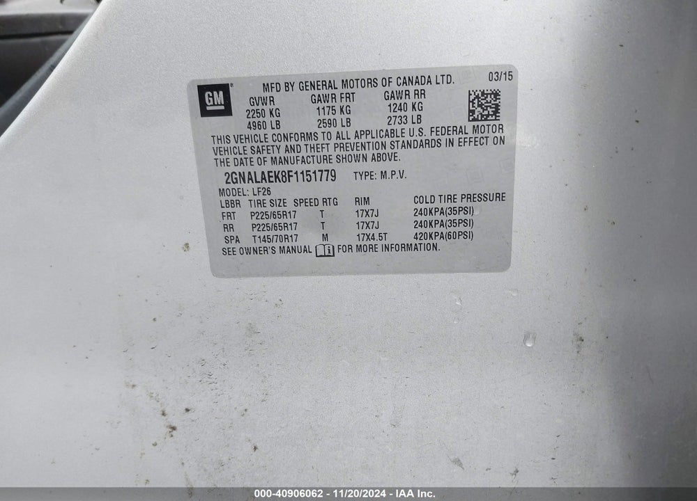 2015 CHEVROLET EQUINOX LS VIN: 2GNALAEK8F1151779