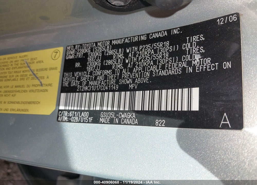 2007 LEXUS RX 350 VIN: 2T2HK31U17C041149