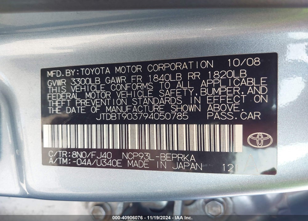 2009 TOYOTA YARIS VIN: JTDBT903794050785