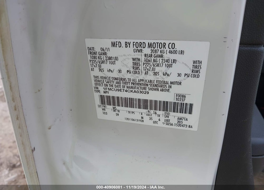 2012 FORD ESCAPE LIMITED VIN: 1FMCU9E74CKA03029