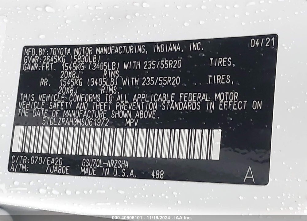 2021 TOYOTA HIGHLANDER XSE VIN: 5TDLZRAH3MS061972