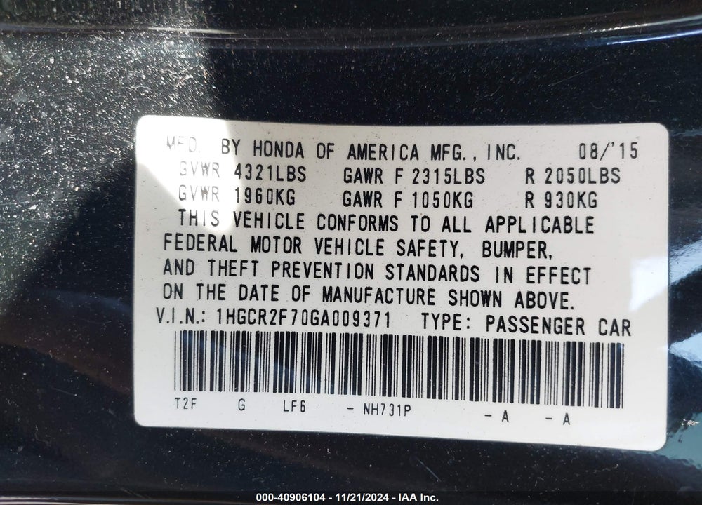 2016 HONDA ACCORD EX VIN: 1HGCR2F70GA009371