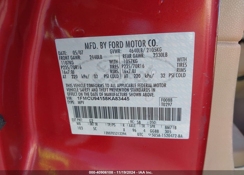 2008 FORD ESCAPE LIMITED VIN: 1FMCU94158KA83445