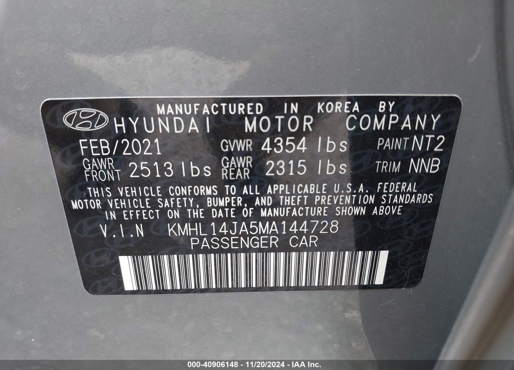 2021 HYUNDAI SONATA SEL VIN: KMHL14JA5MA144728