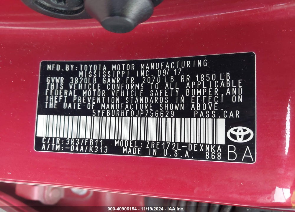 2018 TOYOTA COROLLA LE VIN: 5YFBURHE0JP756629