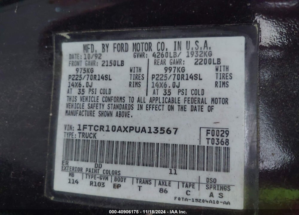 1993 FORD RANGER VIN: 1FTCR10AXPUA13567