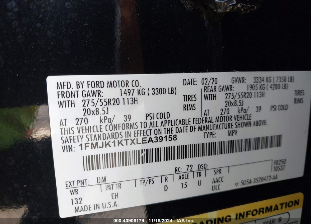 2020 FORD EXPEDITION LIMITED MAX VIN: 1FMJK1KTXLEA39158