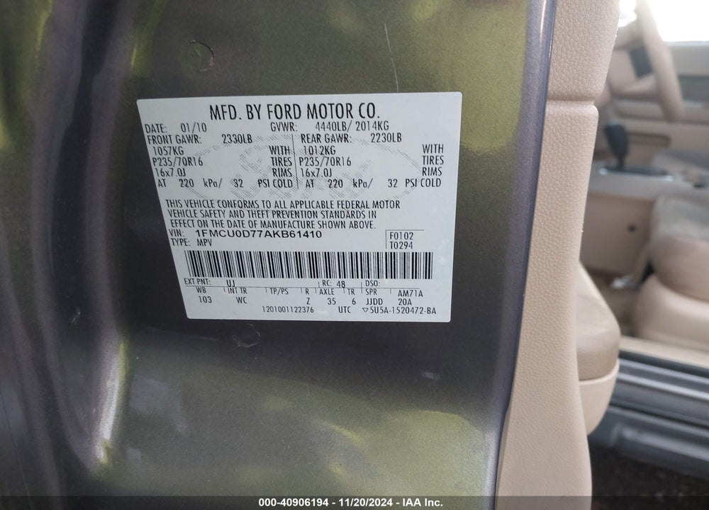 2010 FORD ESCAPE XLT VIN: 1FMCU0D77AKB61410