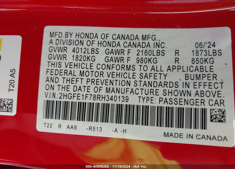 2024 HONDA CIVIC VIN: 2HGFE1F78RH340139