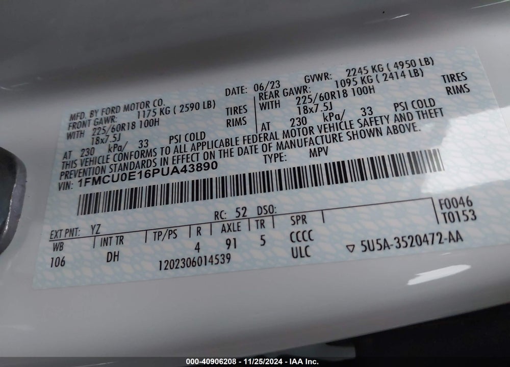 2023 FORD ESCAPE PHEV VIN: 1FMCU0E16PUA43890