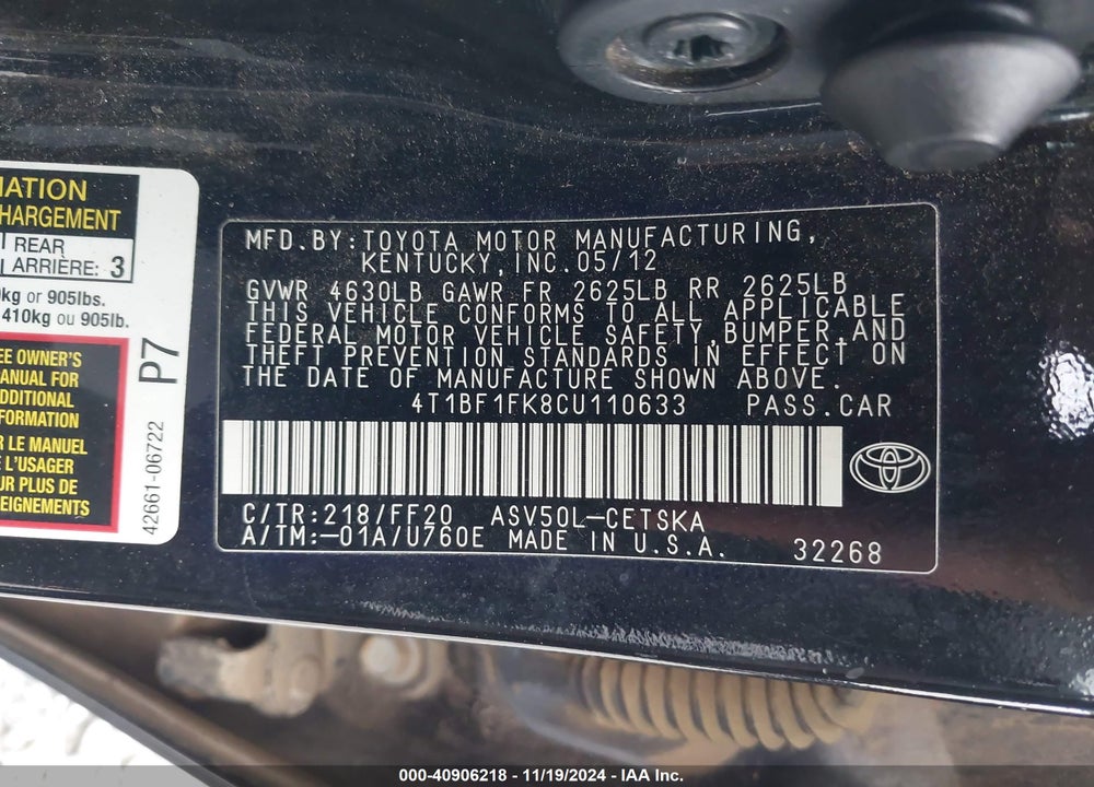 2012 TOYOTA CAMRY SE VIN: 4T1BF1FK8CU110633