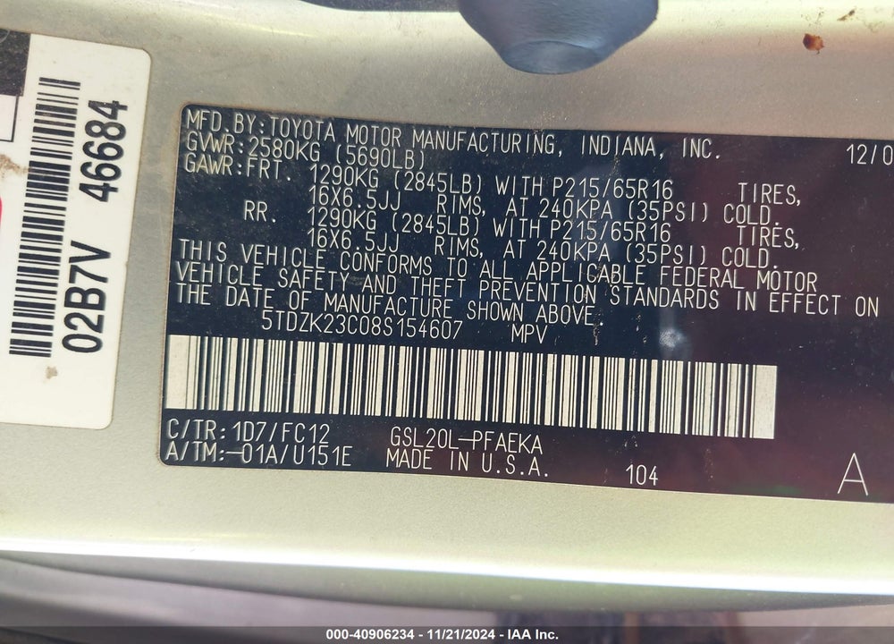 2008 TOYOTA SIENNA LE VIN: 5TDZK23C08S154607