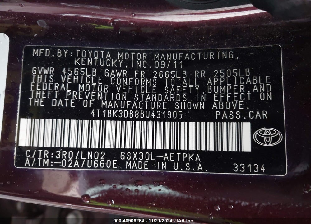 2011 TOYOTA AVALON LIMITED VIN: 4T1BK3DB8BU431905