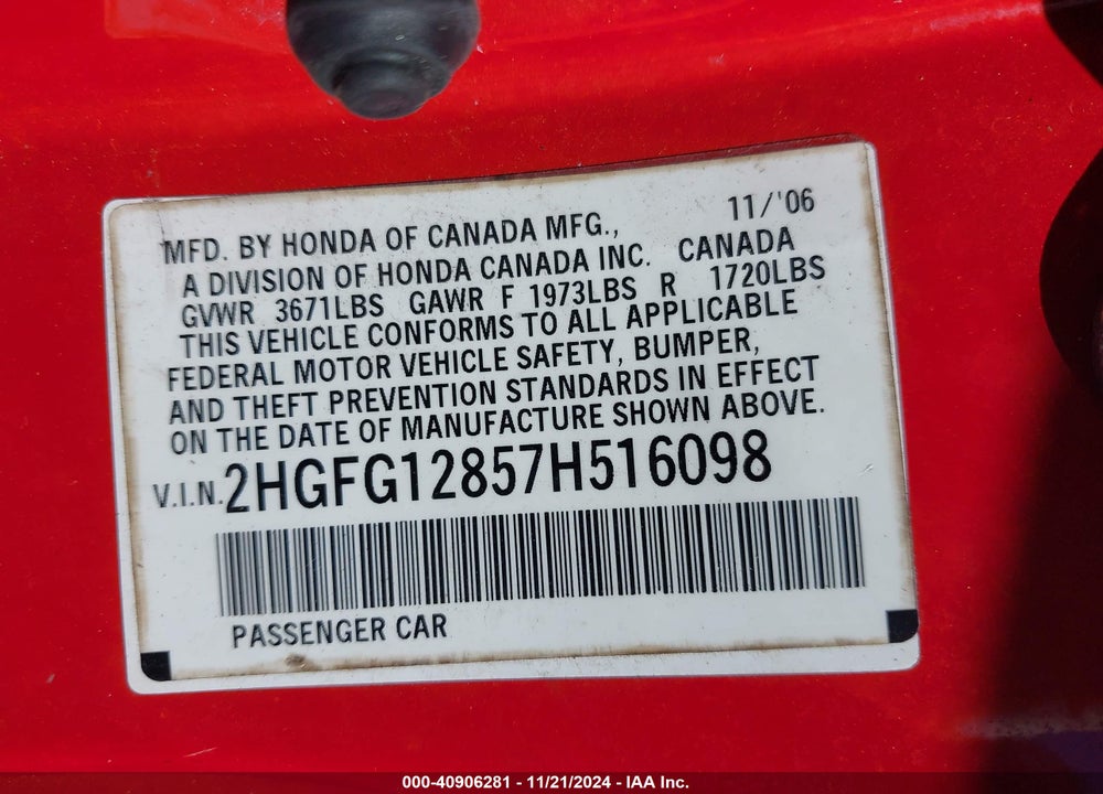 2007 HONDA CIVIC EX VIN: 2HGFG12857H516098