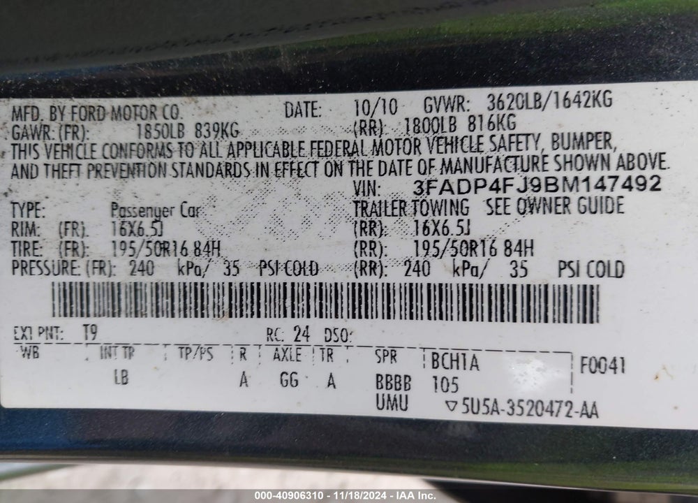 2011 FORD FIESTA SES VIN: 3FADP4FJ9BM147492