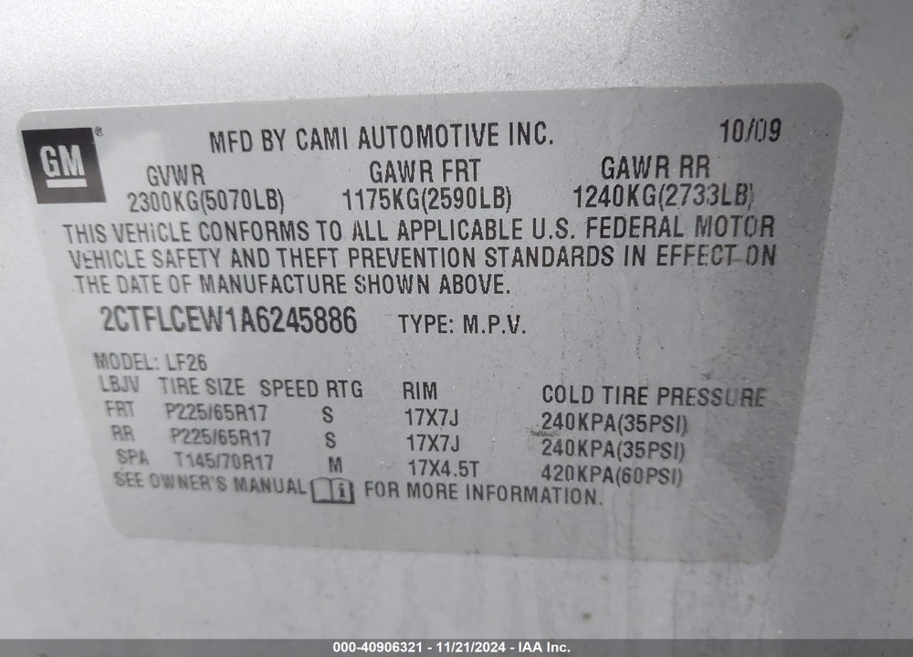 2010 GMC TERRAIN SLE-1 VIN: 2CTFLCEW1A6245886