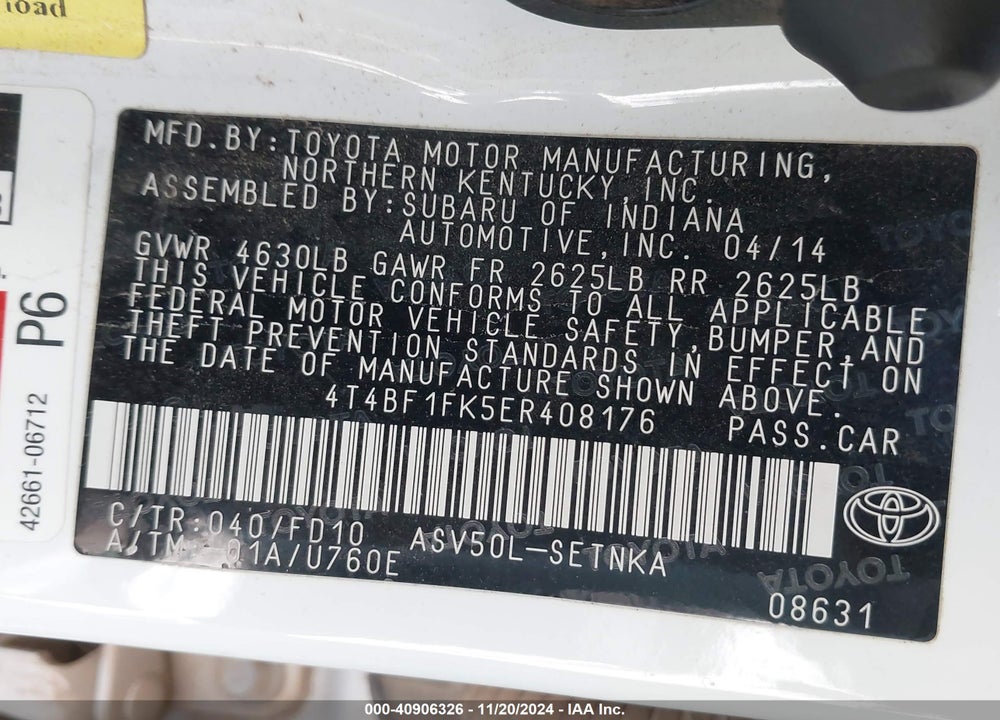 2014 TOYOTA CAMRY LE VIN: 4T4BF1FK5ER408176