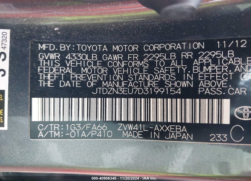 2013 TOYOTA PRIUS V TWO VIN: JTDZN3EU7D3199154