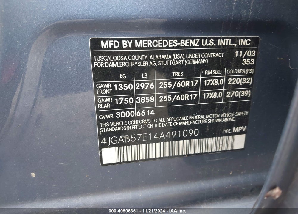 2004 MERCEDES-BENZ ML 350 4MATIC VIN: 4JGAB57E14A491090