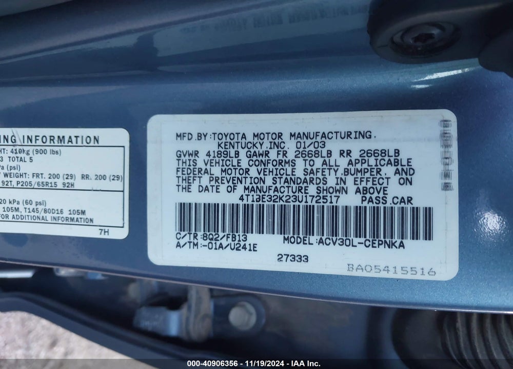 2003 TOYOTA CAMRY LE VIN: 4T1BE32K23U172517