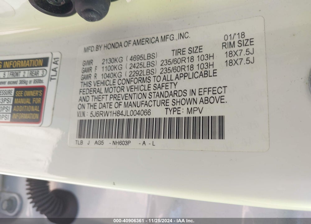 2018 HONDA CR-V EX-L/EX-L NAVI VIN: 5J6RW1H84JL004066
