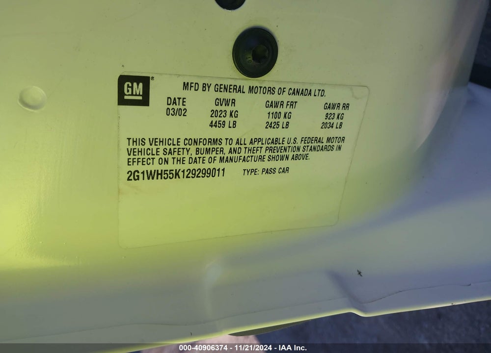 2002 CHEVROLET IMPALA LS VIN: 2G1WH55K129299011