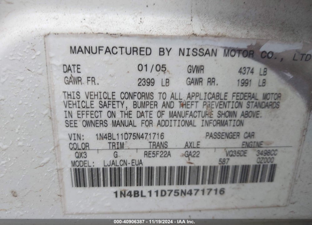 2005 NISSAN ALTIMA 3.5 SE VIN: 1N4BL11D75N471716