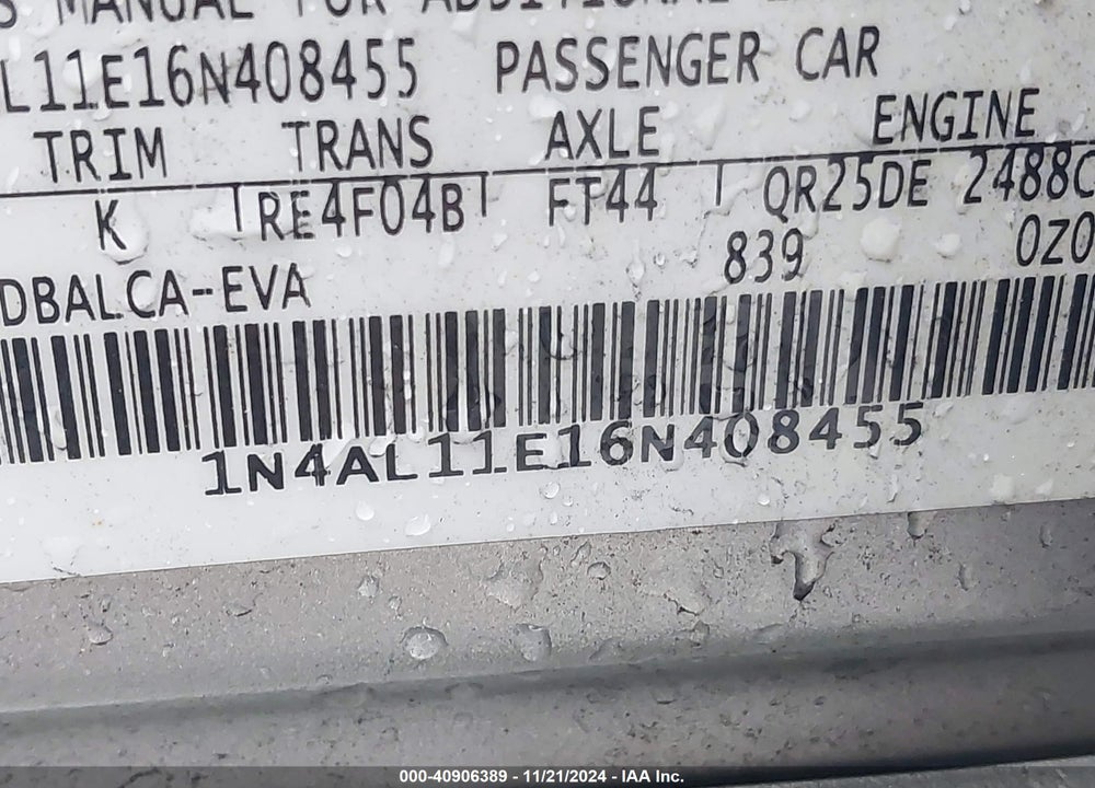 2006 NISSAN ALTIMA 2.5 S VIN: 1N4AL11E16N408455